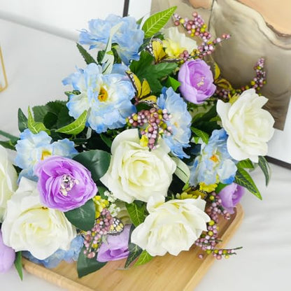 2Pcs Spring Cemetery Flowers for Grave, Artificial Rose, Purple, 17.7in - color: Light Purple White-2pcs