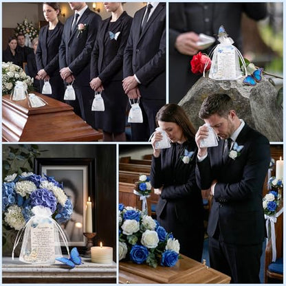 100 Sets Funeral Favors for Guests, Celebration of Life Favors Wooden Butterfly Pocket Hug Token with Funeral Prayer Cards and Organza Bags, As Memorial Gifts and Funeral Decorations