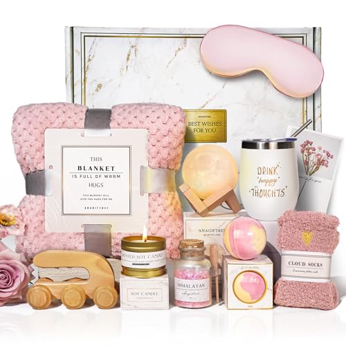AHAGIFTREE Birthday Gifts,self care,11PC care package with Moon Lamp,Get Well Soon Gift Baskets for Women After Surgery,Condolences Gift Basket for Loss,Sympathy Baskets for friend,mom (Pink) - color: Pink