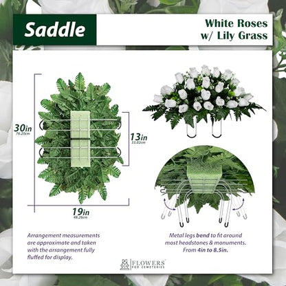 Sympathy Silks 30" Headstone Flower Saddle Artificial Cemetery Flowers - Gravesite Flowers - White Roses - color: White Roses, size: Saddle