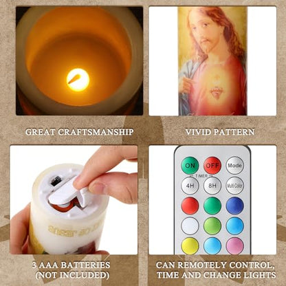 Landhoow Immaculate Heart of Mary and Sacred Heart of Jesus 2 LED Candle | Flameless Wax ,Religious LED Prayer Candles, Battery Operated Remote, Safe for Baptism Church Home Altar - style: Immaculate Heart of Mary and Sacred Heart of Jesus