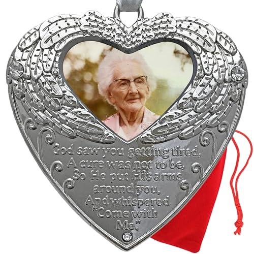 Memorial Photo Christmas Ornament with Angel Wings – Personalized Heart-Shaped Remembrance Ornament – Sympathy Gift for Loss of Loved One – Includes Storage Bag – 3 Inch