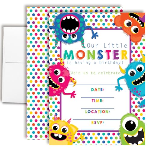 Colorful Cute Monster Theme Kids Birthday Party 20 Invitations 5x7 Fill-In Cards with Envelopes, Fun Friendly Monster Design for Child Birthday Celebration, Made in USA by Amanda Creation - style: Colorful, Cute & Friendly Monsters