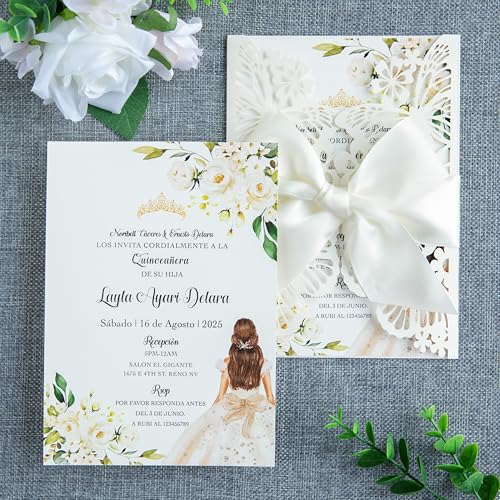 20 PCS Ivory Butterfly Quinceanera Invitation, Laser Cut Invitation Cards | 5.12x7.2" light Gold Glitter Butterfly Quinceanera Invitation with Envelopes for XV Anos Bridal Shower Baby Shower Invite - color: Ivory