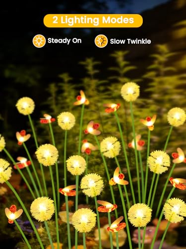 EEW Solar Garden Lights Outdoor 10 Pack 80 LED Swaying Dandelion Bee Lights | 2 Modes (Steady on, Slow Twinkle),Cute Flower Pathway Lights for Yard Lawn Patio Party Garden Wedding Pathway Decorations
