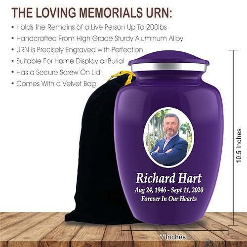 Personalized Photo Cremation Urns for Human Ashes Adult Male Female - 200lbs Custom Photo Burial Urns for Human Ashes - Engraved Handcrafted Funeral Decorative Urns for Adult with Velvet Bag, Purple