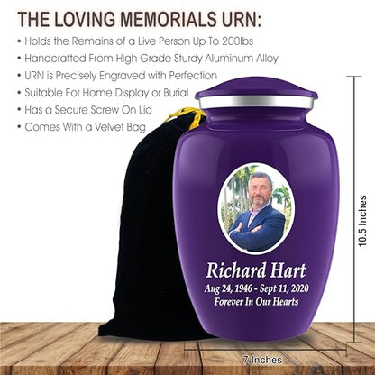 Personalized Photo Cremation Urns for Human Ashes Adult Male Female - 200lbs Custom Photo Burial Urns for Human Ashes - Engraved Handcrafted Funeral Decorative Urns for Adult with Velvet Bag, Purple