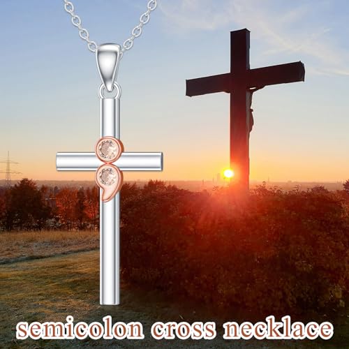 PROESS Cross Necklace for Women Men Sterling Silver Rose/Sunflower Cross Pendant Religious Jewelry Christmas Birthday Mothers' Day Gifts - color: 07-Semicolon