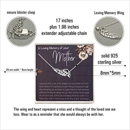 RareLove Memorial Gifts for Loss of Mother Angel Wing Necklace | Sterling Silver Heart Pendant Necklace Sorry for Your Loss Sympathy Gifts Bereavement Condolence Remembrance Gift