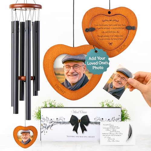 32 inch Black DIY Photo Insert Memorial Wind Chimes for Loss of Loved One | Personalized Memorial gift for loss of mom, dad or husband, remembrance keepsake, poem card and quiet-hours mute - color: Photo Frame, size: 32" Black