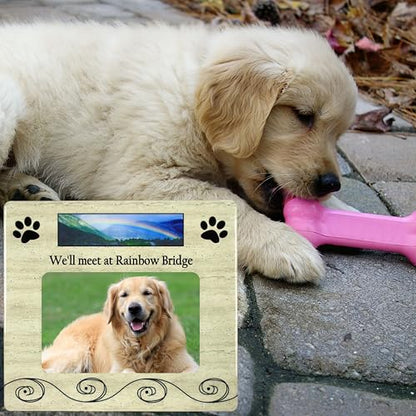 Pet Memorial Picture Frame for Dogs or Cats, “We’ll Meet at Rainbow Bridge” Sympathy Gift, Holds 4x6 Horizontal Photo, 8 x 7.25 Inch Bereavement Frame for Loss of Dog, Cat, Puppy or Kitty