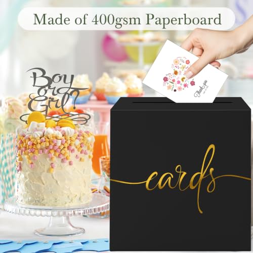 Black Card Box with Gold Foil Design, Paperboard 8.7" Gift Card Holder for Wedding Graduation Birthday Party Reception Retirement Anniversary Bridal & Baby Shower - color: Black Card Box with Gold Foil, size: 8.7×8.7×8.7Inch(1 Pack)