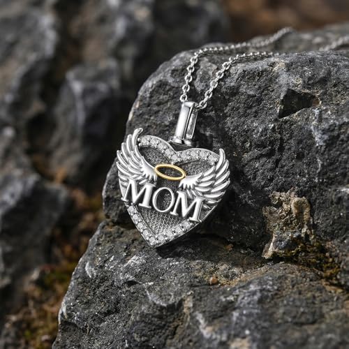 Family Members Urn Necklace for Ashes 925 Sterling Silver Angel Wings Heart Cremation Memorial Keepsake Pendant Jewelry for Loved One's Ashes, with 18" + 2" Stainless Steel Chain - style: Heart-Mom