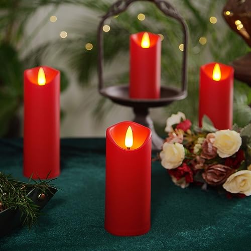 Homemory Christmas Flameless Candles, Battery Operated Candles with Remote Timers, Electric Fake Candles for Home, Christmas Decoration, Made of Plastic, Red/Burgundy, Set of 9 | Plastic shell, battery operated flickering c, les, dual remotes, indoor Hall