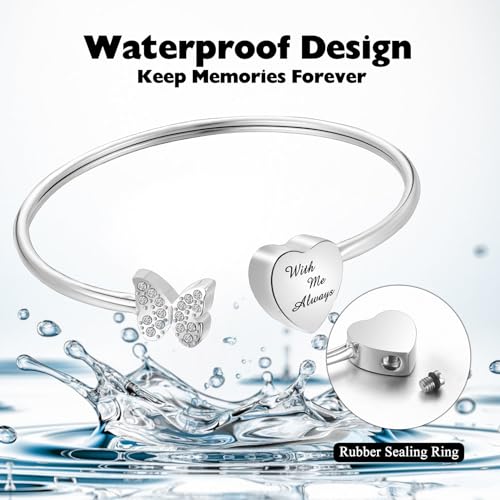 XIUDA Urn Bracelet for Human Ashes Butterfly Heart Ash Bracelet for Women Stainless Steel Openable Cuff Bangle Cremation Bracelet - Always in My Heart - color: Silver, With Me Always
