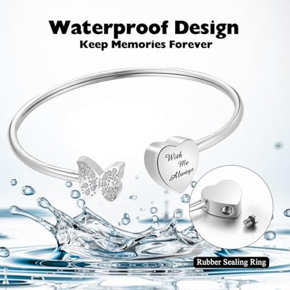 XIUDA Urn Bracelet for Human Ashes Butterfly Heart Ash Bracelet for Women Stainless Steel Openable Cuff Bangle Cremation Bracelet - Always in My Heart - color: Silver, With Me Always
