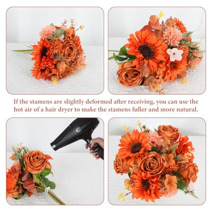 17PCS Fall Flowers Sunflowers Artificial Flowers Fake Rose with Mums - color: Orange