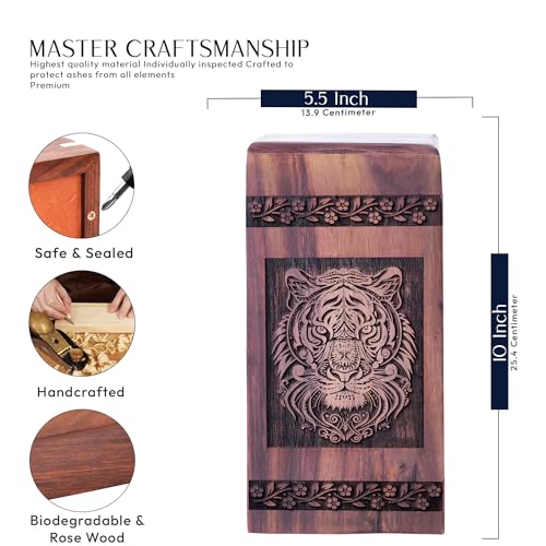 Tiger Cremation Urns 10 Inch, Decorative Wooden Urn for Human Adult Ashes