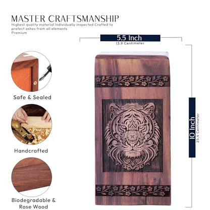 Tiger Cremation Urns 10 Inch, Decorative Wooden Urn for Human Adult Ashes