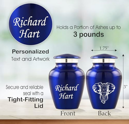 Customized Small Urns for Human Ashes Set of 4, Blue Keepsake Cremation Urns with Personalized Engraving, Guardian Elephant Design, Velvet Pouches & Gift Box