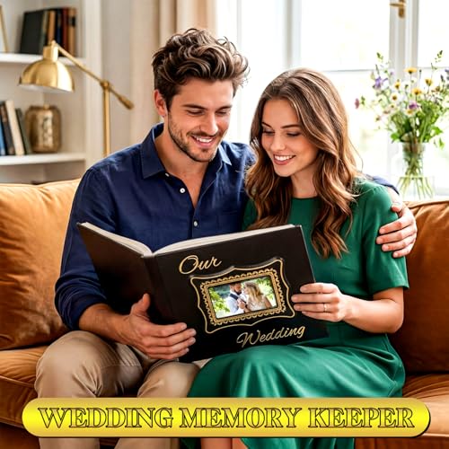 Dunzoom Memory Photo Album Holds 200 Pcs 4 x 6 Inch Leather Wedding Anniversary Family Photo Album with Front Window Double Heart Memory Scrapbook for Couple Gifts () - style: Black Our Wedding