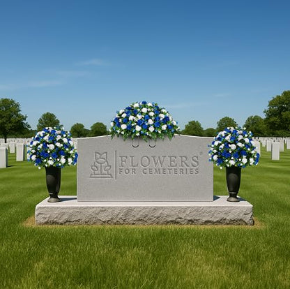 Sympathy Silks Artificial Cemetery Flowers - Gravesite Memorial Arrangment - Blue & White Garden Mums - (1) Saddle (2) Bouquets - color: Blue & White, size: (1) Saddle (2) Bouquets