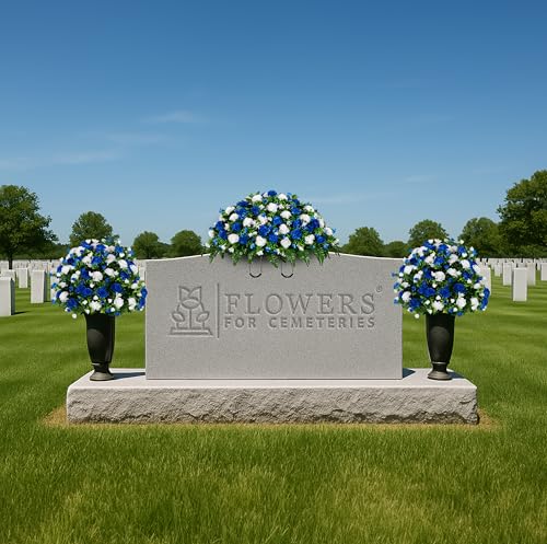 Sympathy Silks Artificial Cemetery Flowers - Gravesite Memorial Arrangment - Blue & White Garden Mums - (1) Saddle (2) Bouquets - color: Blue & White, size: (1) Saddle (2) Bouquets
