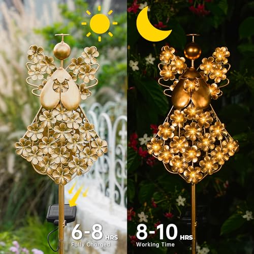 WSgift Angel Solar Stake Light Outdoor Warm White LED Bronze Metal Stake for Garden Cemetery Remembrance - color: Bronze