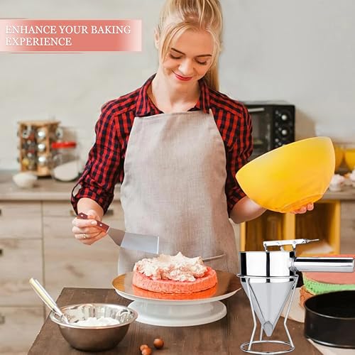 Piston Funnel with Stand - Stainless Steel Confectionery Funnel for Batter Dispensing & Bakery Use - Precise Cake Decorating Tool - Perfect for Pouring Sauces, Chocolate & Fillings | Silver