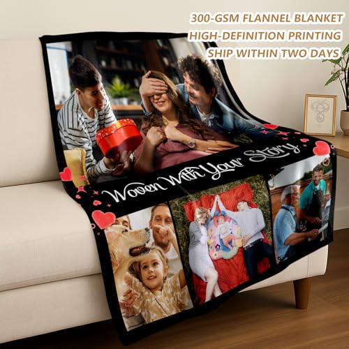 Ships Next Day, Custom Blanket with Photos Text - HD-Printing in USA, Personalized Picture Blanket Customized Flannel Blankets Christmas Birthday Gifts for Mom Dad Couple Kids Girlfriend Boyfriend - color: 4 Photos, size: 60'' x 80''