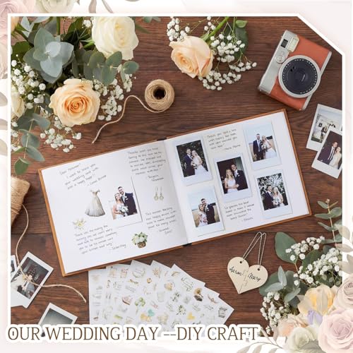 Resurhang Rustic Wooden Wedding Guest Book Memory Book for Wedding Wooden Cover Photo Scrapbook Rustic Keepsake Guestbook with Stickers for Reception Anniversary Bridal Shower Engagement Supplies