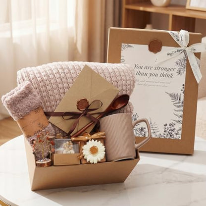 Get Well Soon Gifts Baskets for Women, Thinking of You Gift Comfort Gifts with Healing Crystals Tree, Sympathy Gift Feel Better After Surgery Recovery Wellness Hug in a Box for Her Mom Friends, Brown - color: Brown