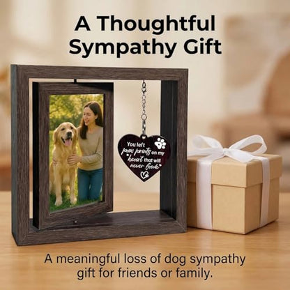 4x6 Rotating Pet Memorial Photo Frame, Double-Sided Remembrance Picture Frame, Sympathy Gift for Loss of Dog or Cat, Wooden Keepsake with Heart Charm - color: you left paw prints on my heart