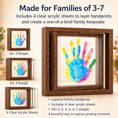 Family Handprint Frame Kit, Dual Rotating Photo & Handprint Display, DIY Keepsake Craft with Wooden Frame, Non-Toxic Paints, Baby Hand & Footprint Kit, Gift for Grandparents & New Parents (Brown) - color: Brown Frame, size: Dual Spin - Handprint & photo