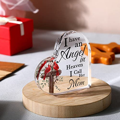 Karenhi 4 Inch Red Cardinal Memorial Gift Loss of Mom | Sympathy Bereavement for Memory of Mother, Angel in Heaven Acrylic Table Decor with Wooden Cross Design, Home Display - size: 4 Inch, style: Cross