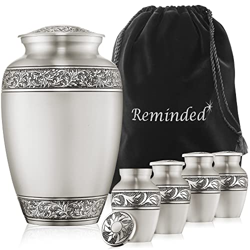 Reminded Set of 5 Floral Cremation Urns for Human Ashes - 1 Brass Adult + 4 Keepsake Token Size, Silver - color: Silver
