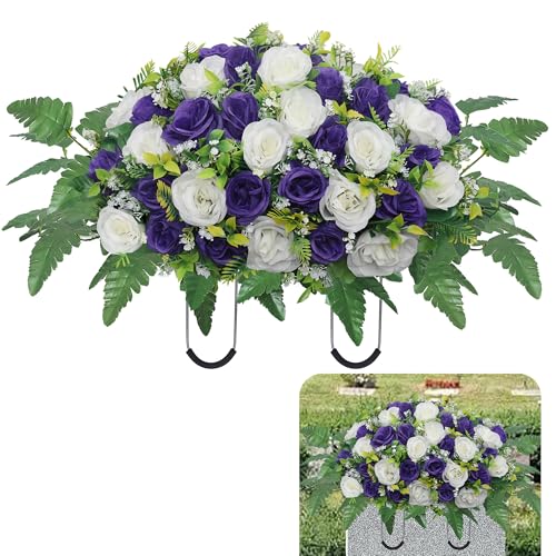 Cemetery Headstone Flower Saddle,Artificial Cemetery Flower Saddles for Graves,Artificial Rose Cemetery Memorial Flowers for Outdoor Tombstone Headstone Decorations (Purple) - color: Purple