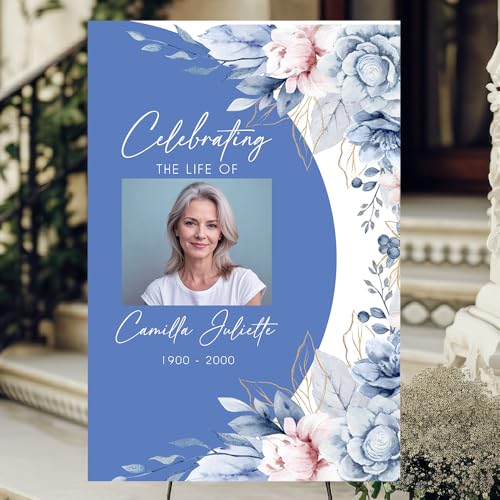 Custom Funeral Welcome Sign with Photo, Personalized Celebration of Life Memorial Sign, In Loving Memory Poster, Elegant Blue Floral Funeral Welcome Sign, Funeral Sign Decorative - color: Memorial 13