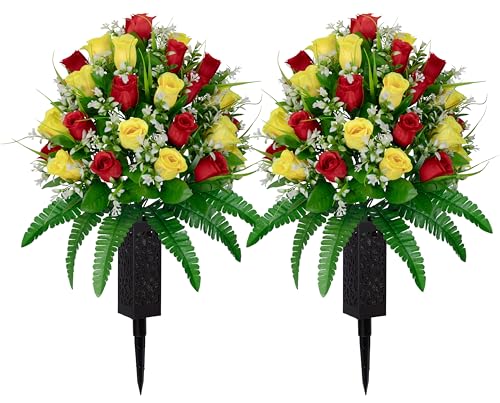 MOOMASS 2 Sets Artificial Cemetery Flowers, Yellow and Red Realistic Roses Bouquet, Outdoor Grave Decorations with Non-Bleed Colors, Accompanied by 2 Long Nail Vases (Yellow+Red) - color: Yellow+red