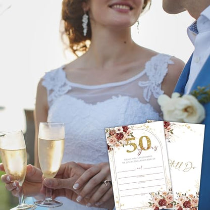 Boho 50th Wedding Anniversary Invitations, 50th Anniversary Invites With Envelopes, Gold Invitation For Couple Reception Celebration Party, 25 Pack 4x6 Invites Cards/02