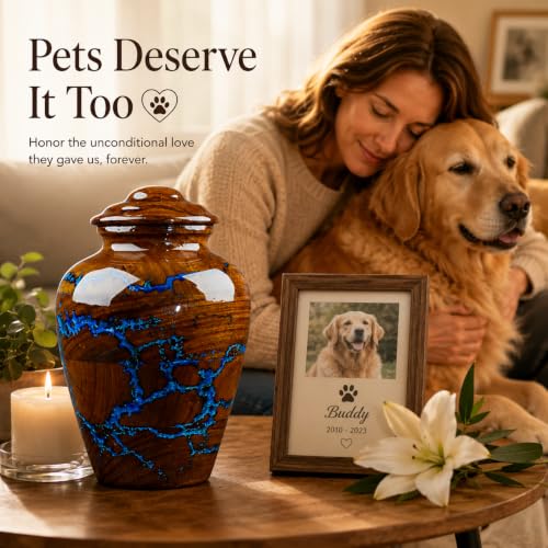 Handcrafted Rosewood Cremation Urn for Human Ashes – 50 Cubic Inches Funeral Memorial Urn for Adult Women & Men, Elegant Wooden Memorial Ashes Urn with Blue Resin Inlay, Funeral Urn for Loved Ones - size: STANDARD 50 Cu inch