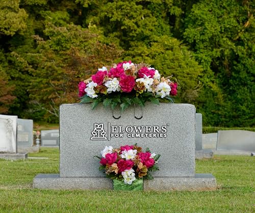Artificial Cemetery Flowers - Grave Decoration - Fall Arrangement - 30" Long Plum Peony and White Hydrangea Saddle for Loved One's Headstone - size: Saddle