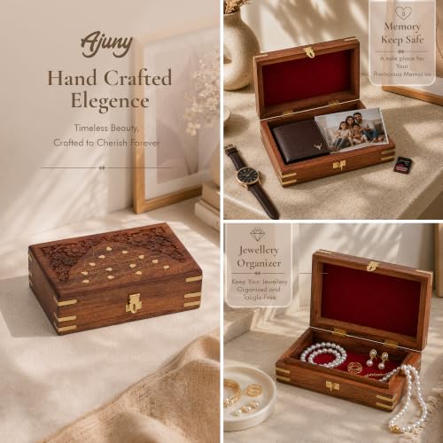 Ajuny Wooden Jewellery Box Brass Inlay Hand Carved Keepsake Chest 8x5