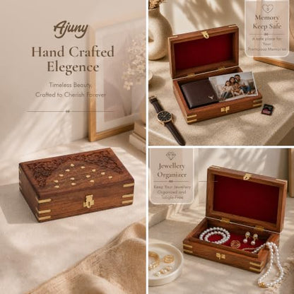 Ajuny Wooden Jewellery Box Brass Inlay Hand Carved Keepsake Chest 8x5