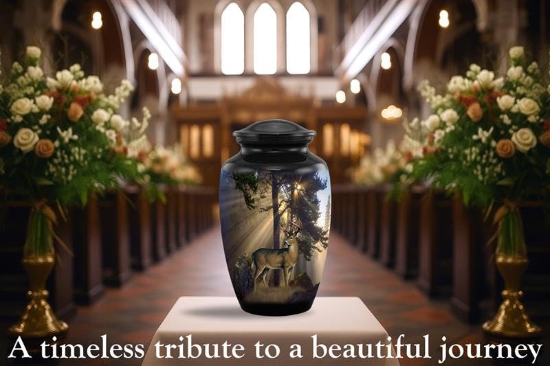Gone Hunting Deer Cremation Urn with Sunrays – Majestic Buck Memorial Urn for Human Ashes – Handcrafted Full Size Adult Funeral Urn up to 200 lbs with Velvet Bag (Large) - size: Adult