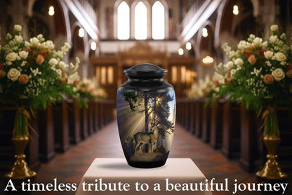 Gone Hunting Deer Cremation Urn with Sunrays – Majestic Buck Memorial Urn for Human Ashes – Handcrafted Full Size Adult Funeral Urn up to 200 lbs with Velvet Bag (Large) - size: Adult