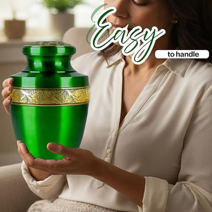 CLEENTABLE Hand-Engraved Cremation Urn for Human Ashes, Green - color: Green & Gold, size: Hand-Etched Leaf - 7x11"