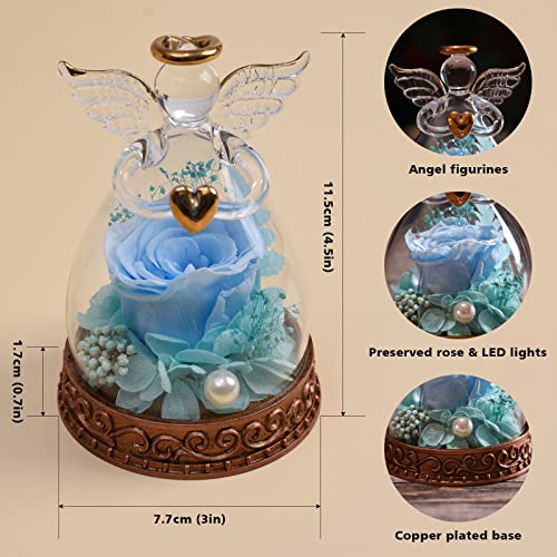 Preserved Real Rose in Glass Angel Figurine with LED Light, Angel Gifts for Women, Mom, Grandma on Mother's Day Christmas Birthday (Blue) - color: Blue