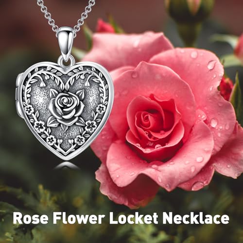 Heart Locket Necklace 925 Sterling Silver Custom Photo Pendant That Holds Pictures Memorial Jewelry Gifts for Women Mom Daughter - color: Rose Flower, style: 1-no custom