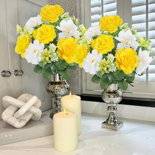 Cemetery Flowers for Grave 2pcs Artificial Yellow Rose for Outdoors - color: Yellow White-2pcs
